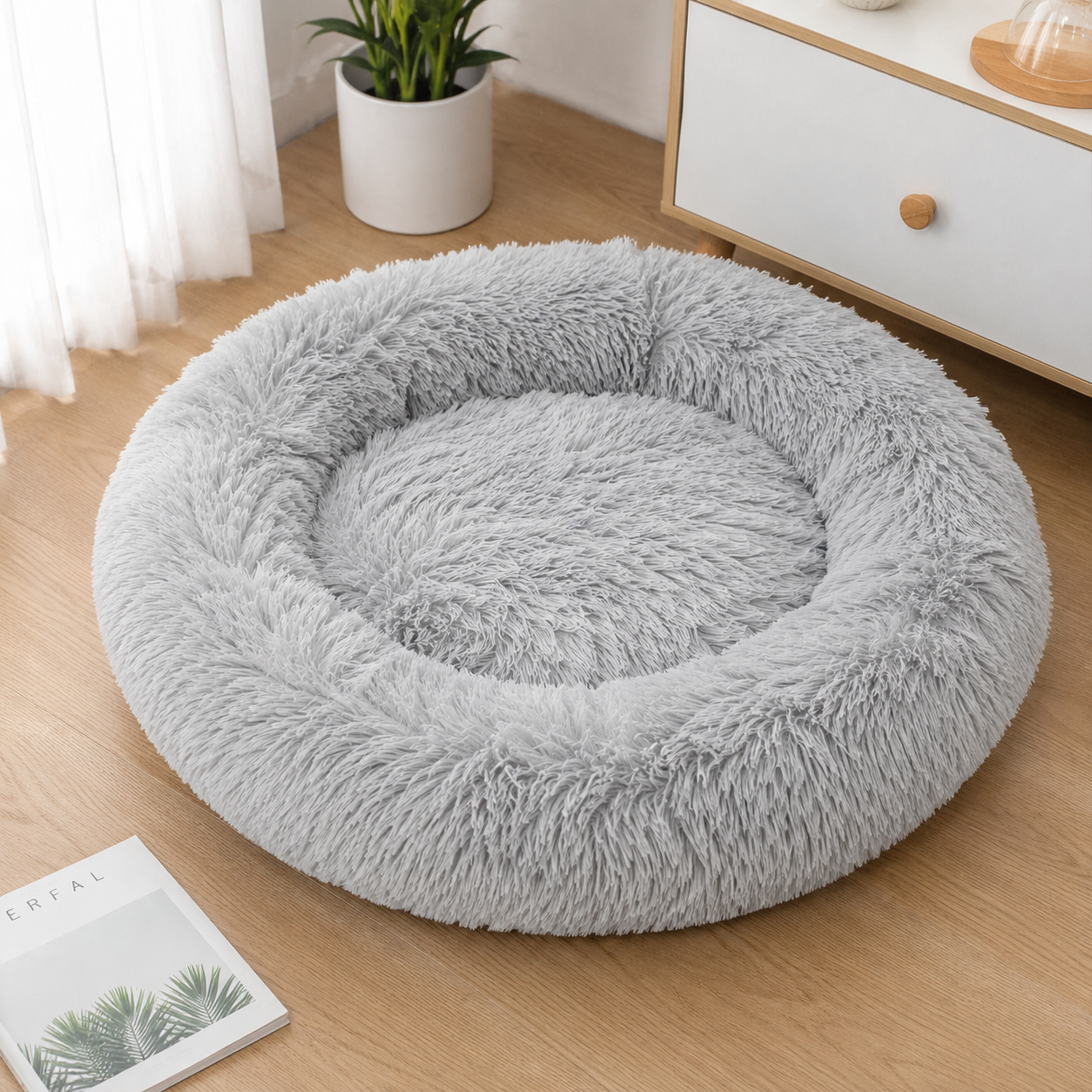 Portable Plush Round Pet Bed Washable Pet Sofa Bed - Grey