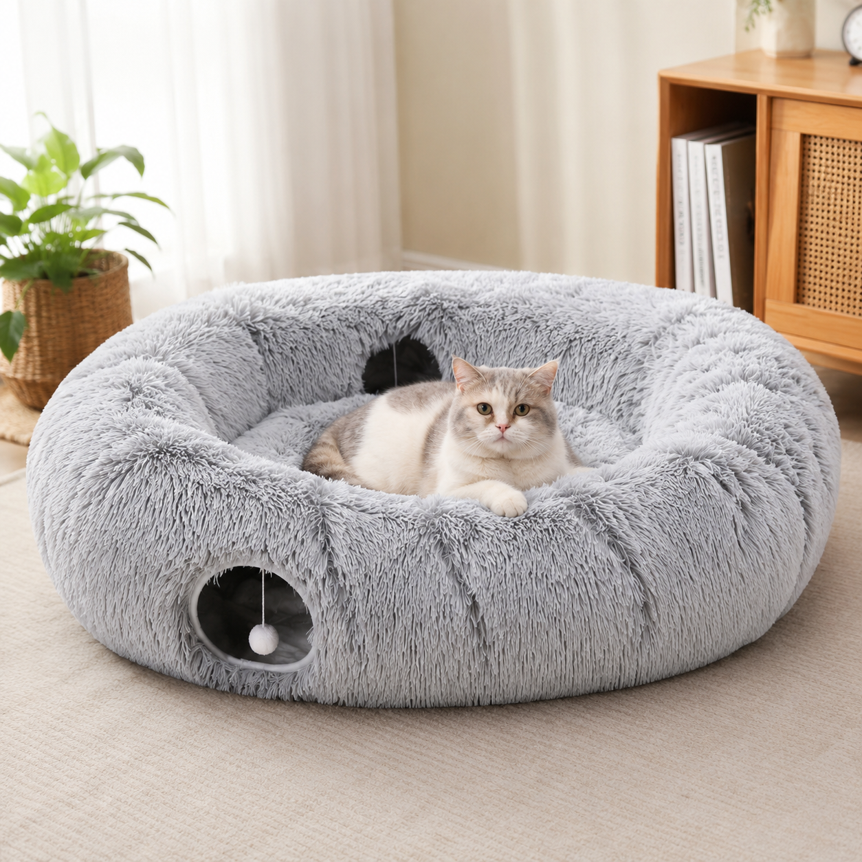 Portable Plush Cat Tunnel Bed 103 cm Large Multi-Function Cat Cave with Hideout Opening