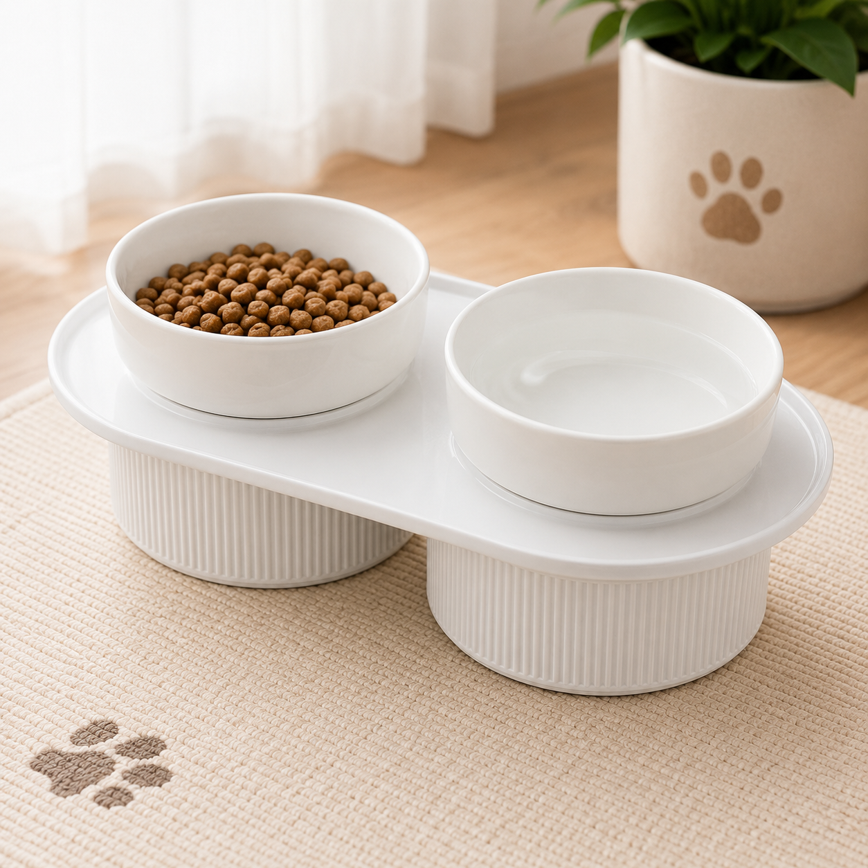 Ceramic Elevated Double Pet Feeding Bowl 13.3cm Raised Food Water Dish with Stand - Green