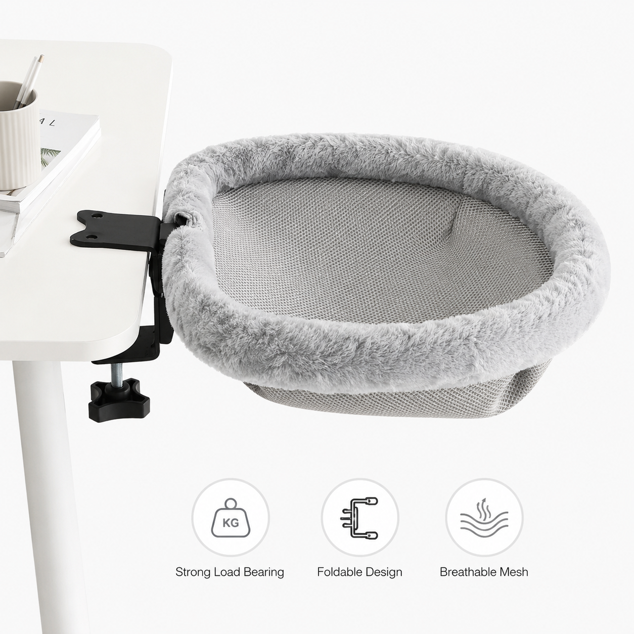 Foldable Desk Cat Hammock Bed Semi Circular Space Saving Faux Fur Desk Perch for Indoor Cats