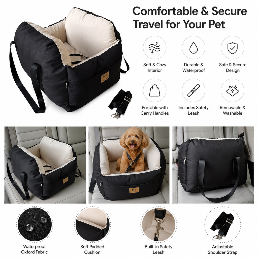Portable Waterproof Pet Travel Carrier Bed 47 cm Soft Cushion Car Pet Travel Bag - Black