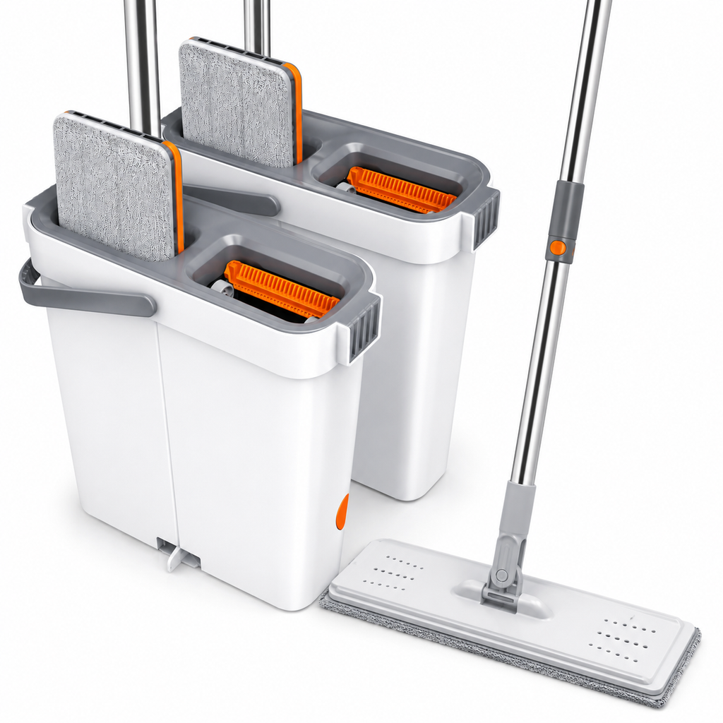Portable Flat Mop Bucket Set with 2 Microfibre Mop Pads Hands-Free Floor Cleaning System