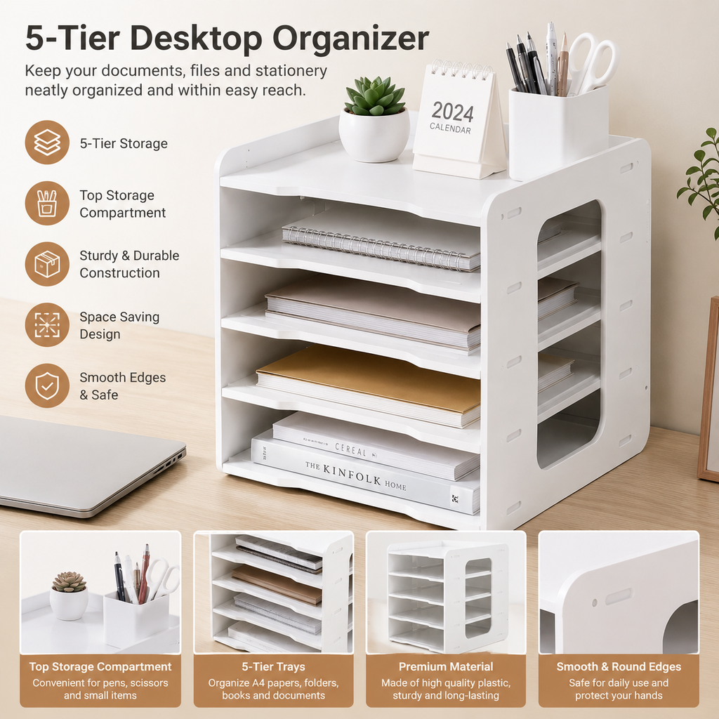 Portable Heavy Duty A4 Paper Desk Organizer 5 Tier Document Storage Rack - Small