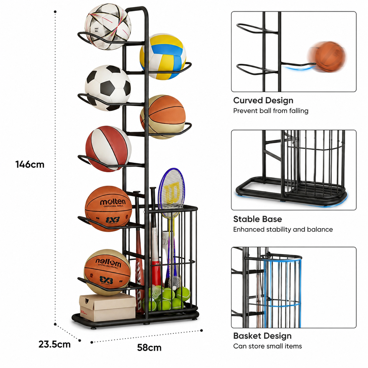 Heavy Duty 5 Tier Ball Storage Rack 146 cm Carbon Steel Floor Stand Sports Equipment Organizer – Black