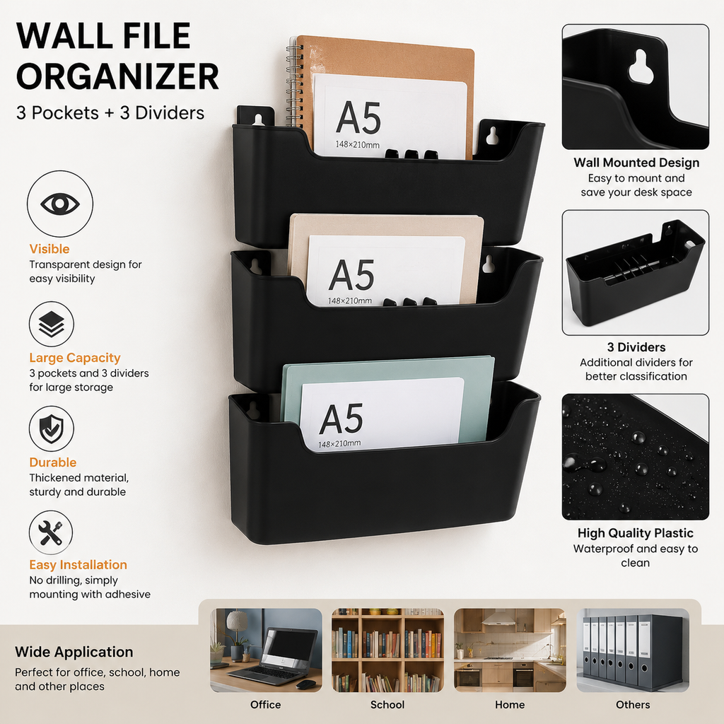 Transparent Wall Mounted File Organizer Set, Portable Plastic A5 Document and Mail Holder Rack - Black