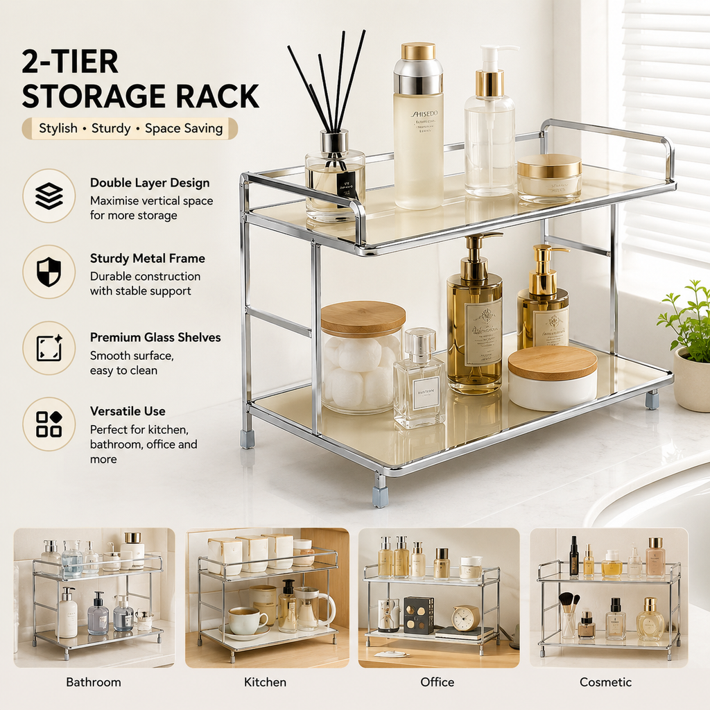 Portable Double-Layer Metal Desktop Storage Rack Organizer for Cups and Cosmetics - White