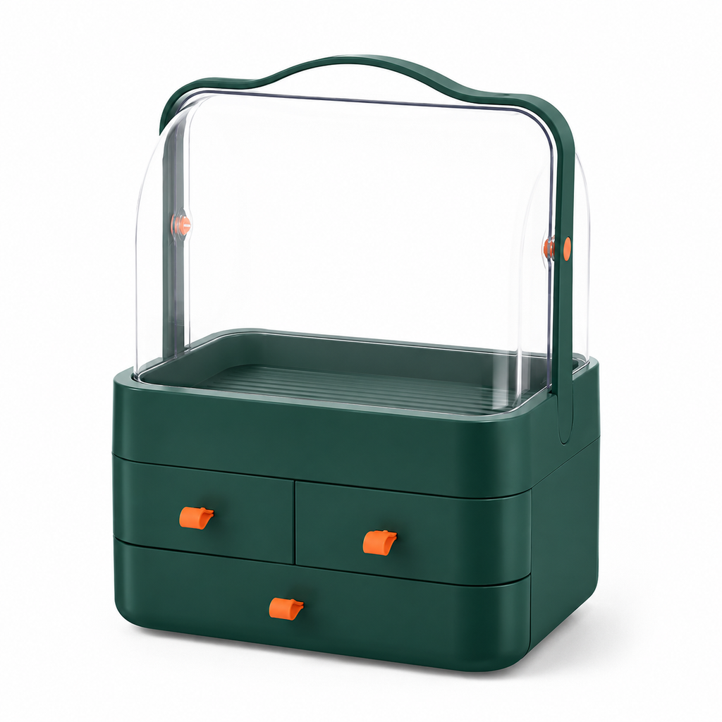 Portable Dust Proof Makeup Organizer Box with Drawers 34.7cm Desktop Storage Case - Green