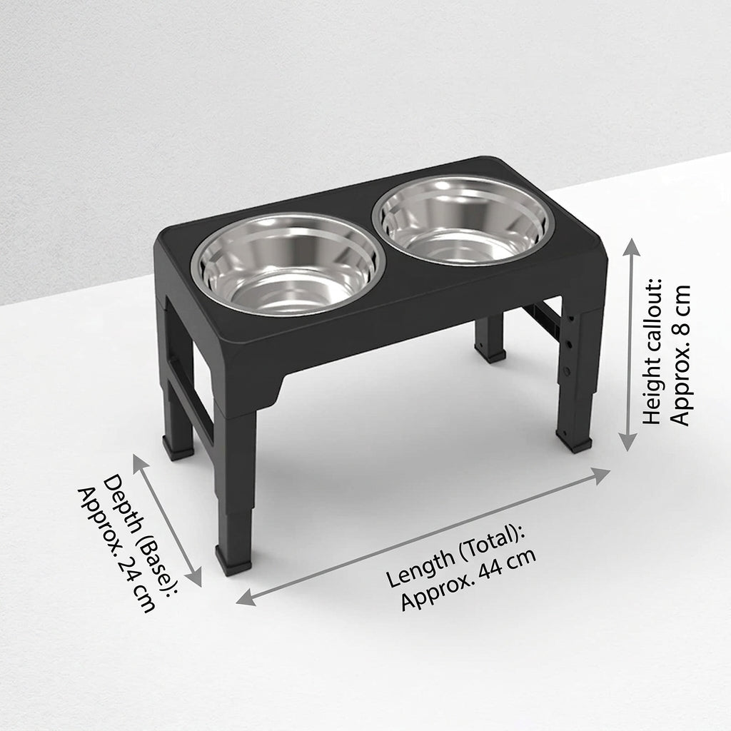 Elevated Dog Feeder Adjustable Raised Stand 2 Stainless Steel Bowls - Black