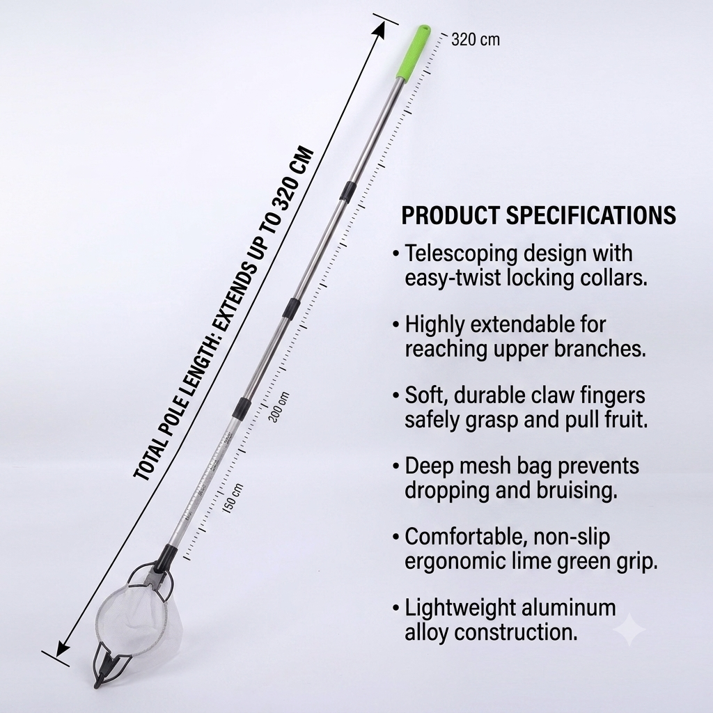 Fruit Picker Tool 320cm Telescopic Pole with Metal Picking Head for Home Garden Harvesting