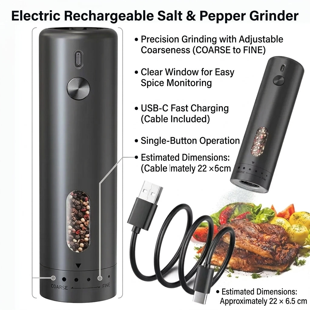 Electric Pepper Mill USB Rechargeable Adjustable Coarseness Automatic Salt and Pepper Dispenser