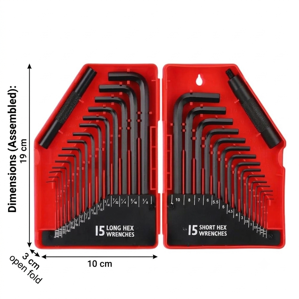 Heavy Duty 32 Piece Hex Key Wrench Set Metric & SAE L-Shape Allen Keys with Extension Handles