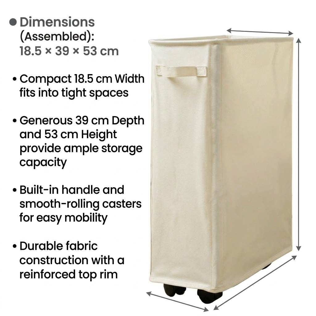 Laundry Basket on Wheels 18.5 × 39 × 53 cm Foldable Fabric Hamper - White