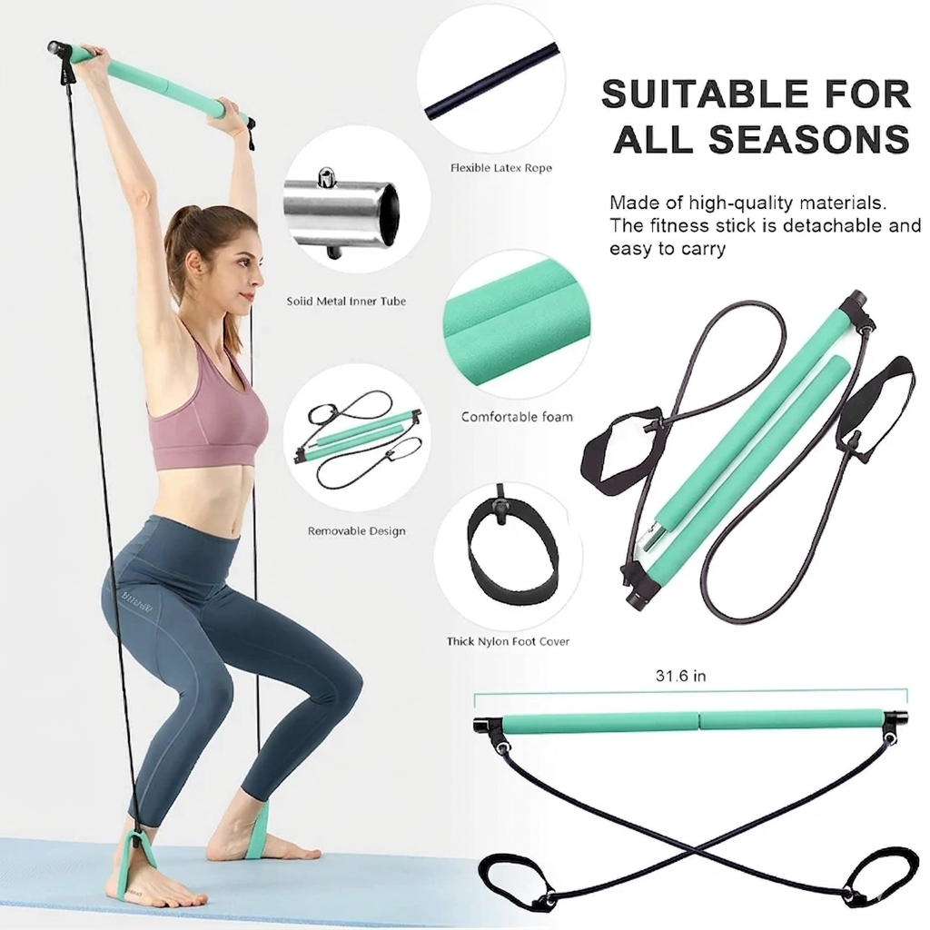 Pilates Bar Portable Resistance Training Stick Detachable Fitness Bar with Bands Home Workout Tool - Green