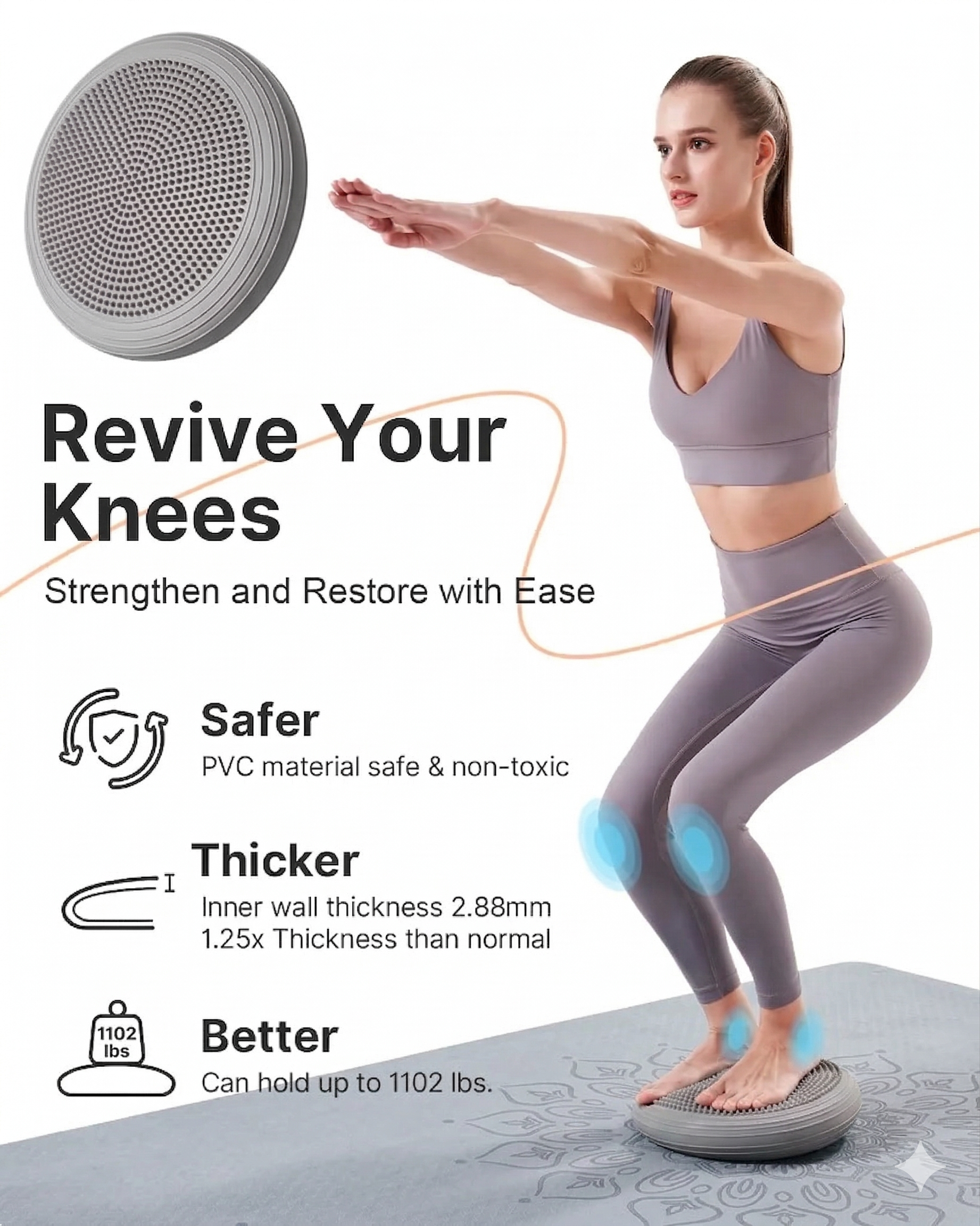 Balance Pad Inflatable PVC 34cm Wobble Cushion with Massage Surface and Pump for Core Training - Gray