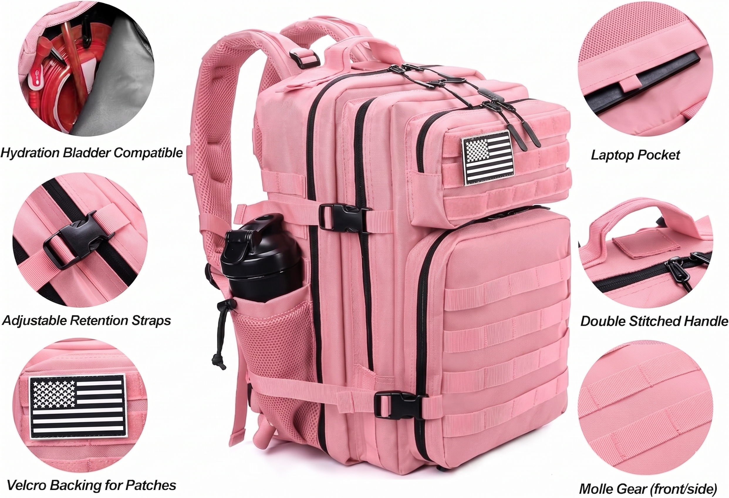 Meal Prep Backpack 45L Insulated Tactical Gym Travel Bag - Pink