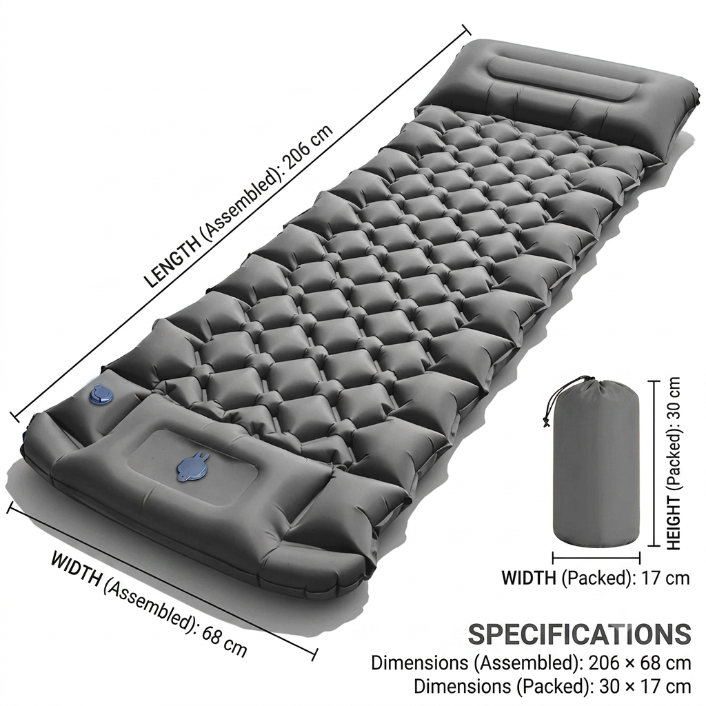 Inflatable Mattress 206cm Portable Hiking Bed with Built in Foot Pump - Blue