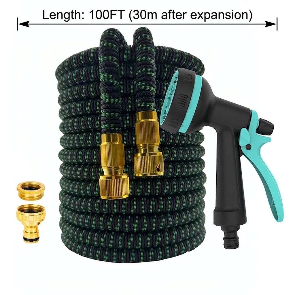 Garden Hose 30m Expandable Flexible High Pressure Water Spray Hose with Spray Gun - Green