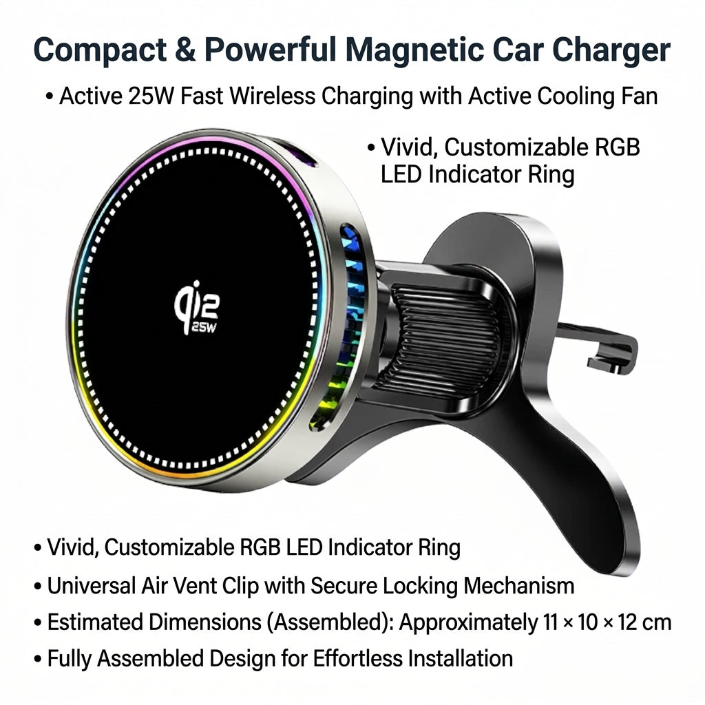 Car Phone Holder Qi2 25W Wireless Charger Air Vent Mount with RGB Light - Black