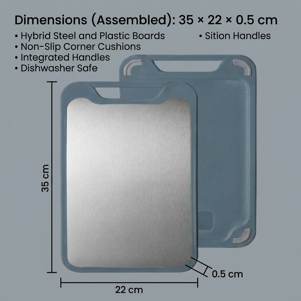 Double Sided Cutting Board 35 × 22 cm Stainless Steel and PP with Crusher - Blue