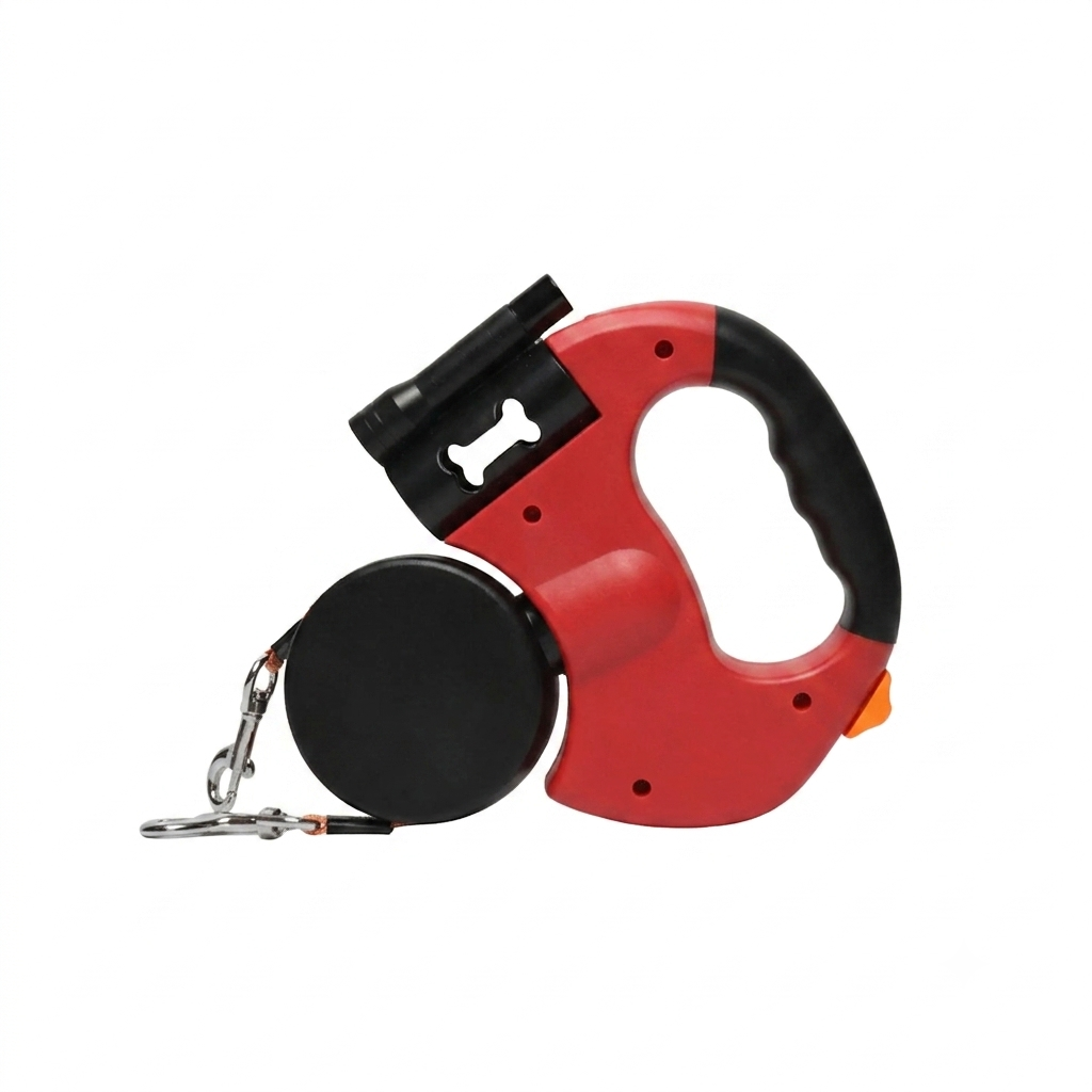 Dog Leash 3m Retractable Dual Lead 360 Swivel LED Light Independent Braking - Red