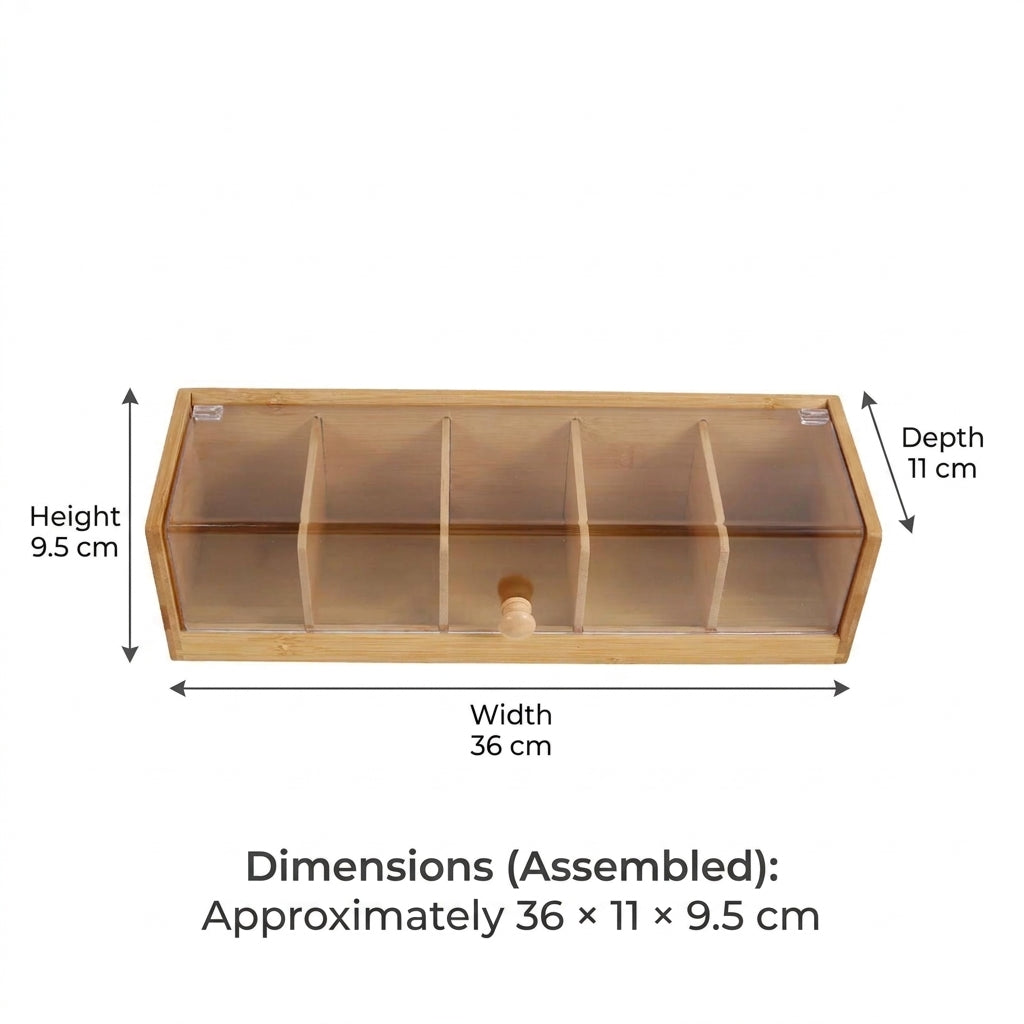 Tea Bag Organiser Bamboo Storage Box with 5 Compartments and Clear Lid