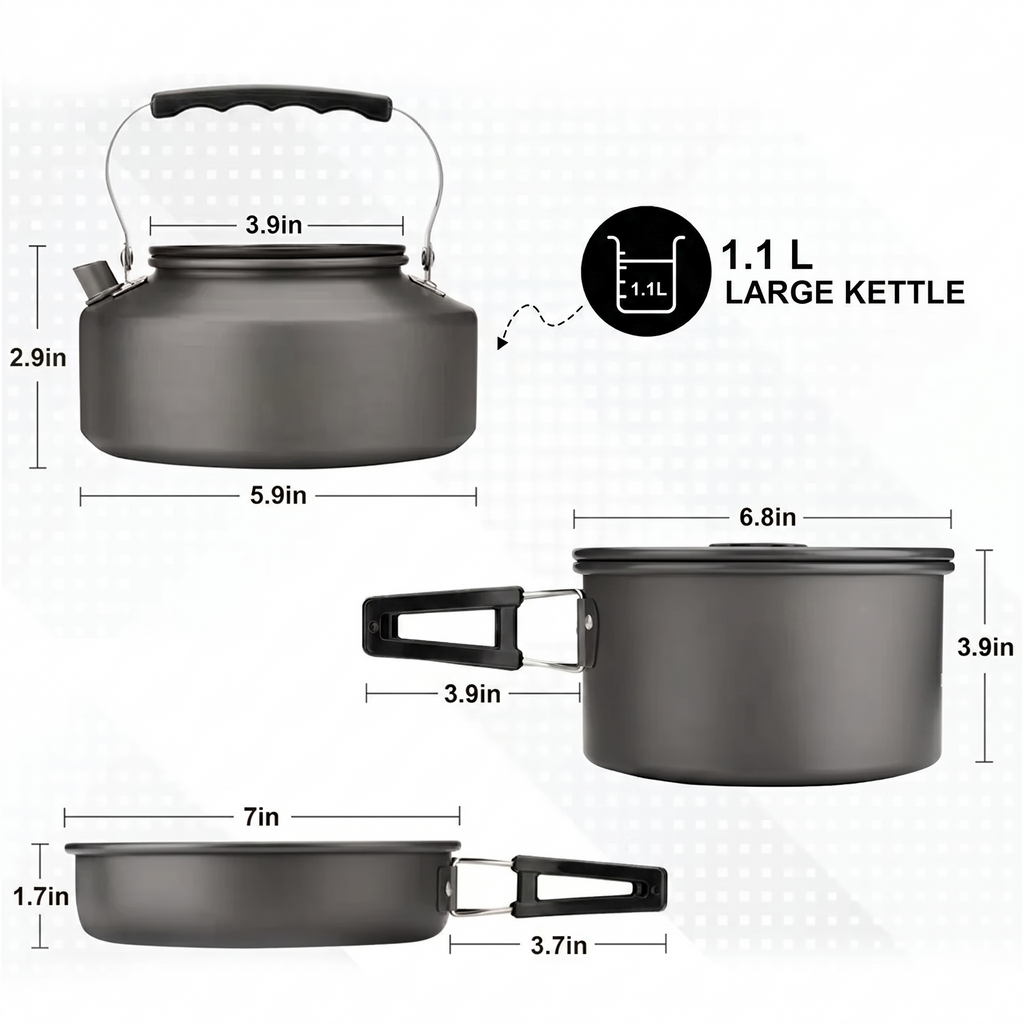 Camping Cookware Set 2-3 Person Aluminum Pots Pans Kettle Kit - Black