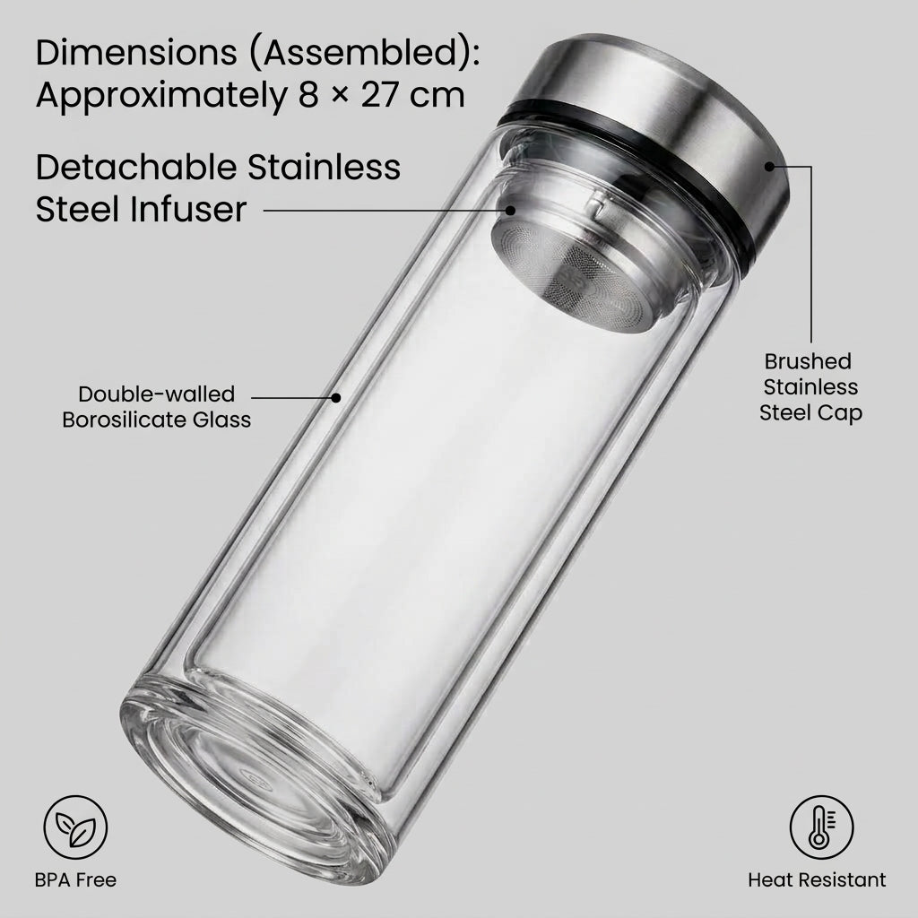 Glass Tea Bottle 1000mL Double Wall Infuser Portable Drinking Cup with Stainless Steel Lid