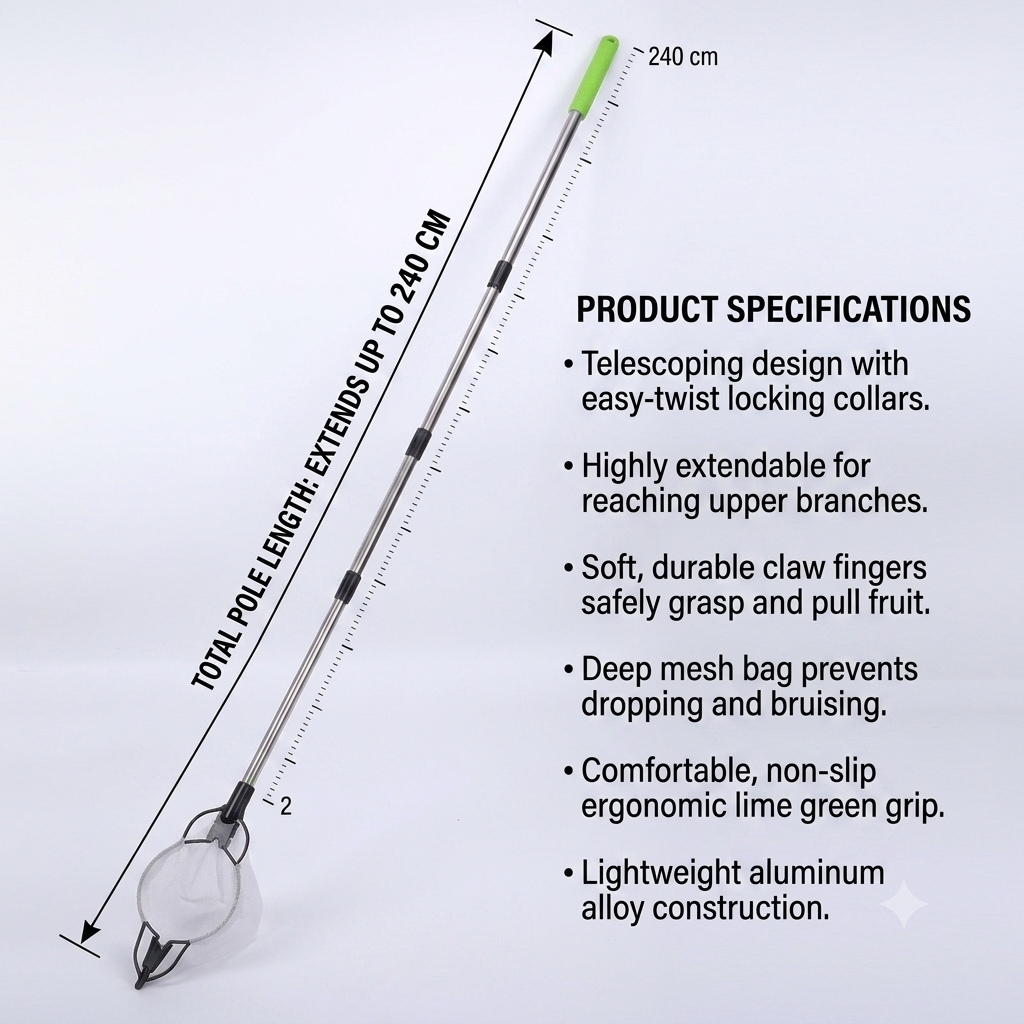 Fruit Picker Tool 240cm Telescopic Pole with Metal Picking Head for Home Garden Harvesting