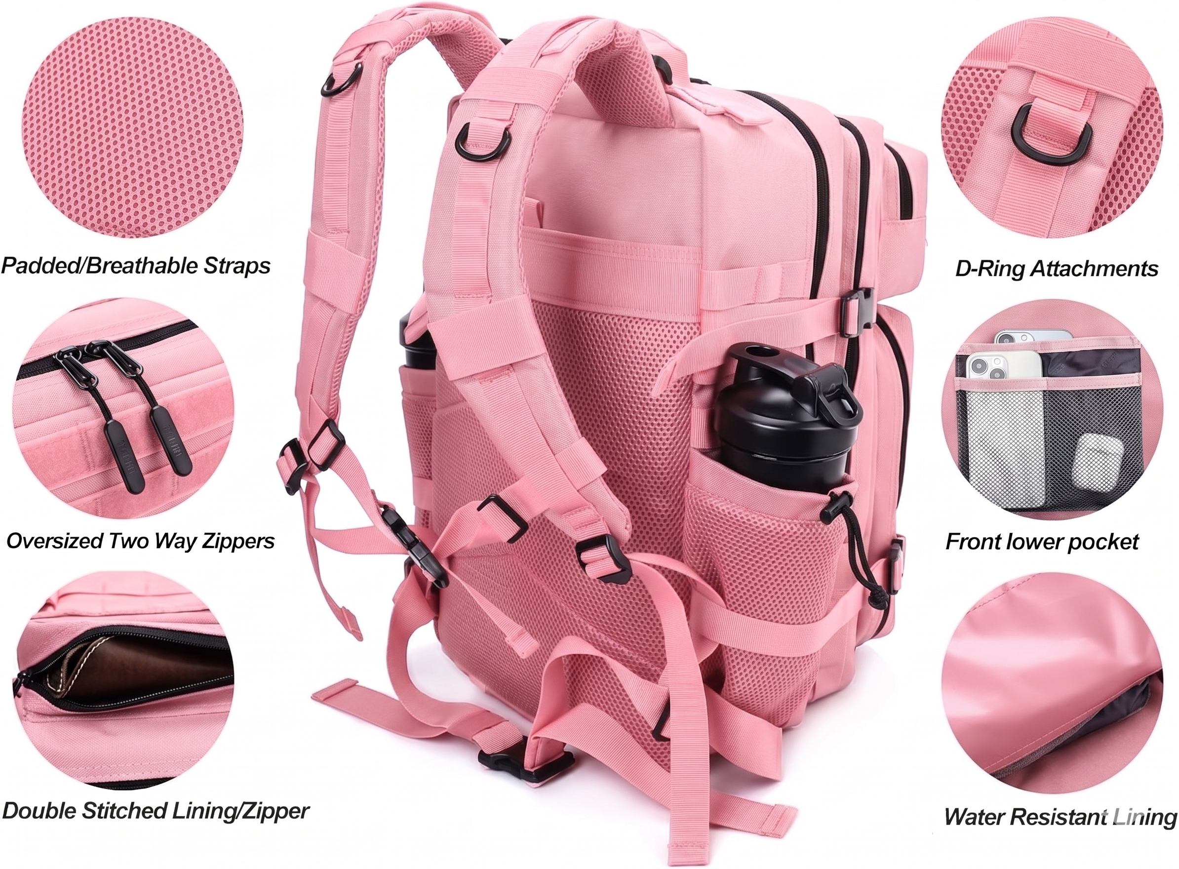 Meal Prep Backpack 45L Insulated Tactical Gym Travel Bag - Pink