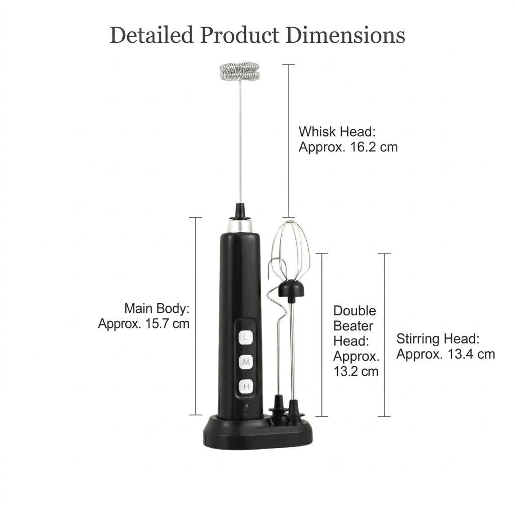 Milk Frother Rechargeable Electric Whisk 3 Speed Mixer 3 Attachments - Black