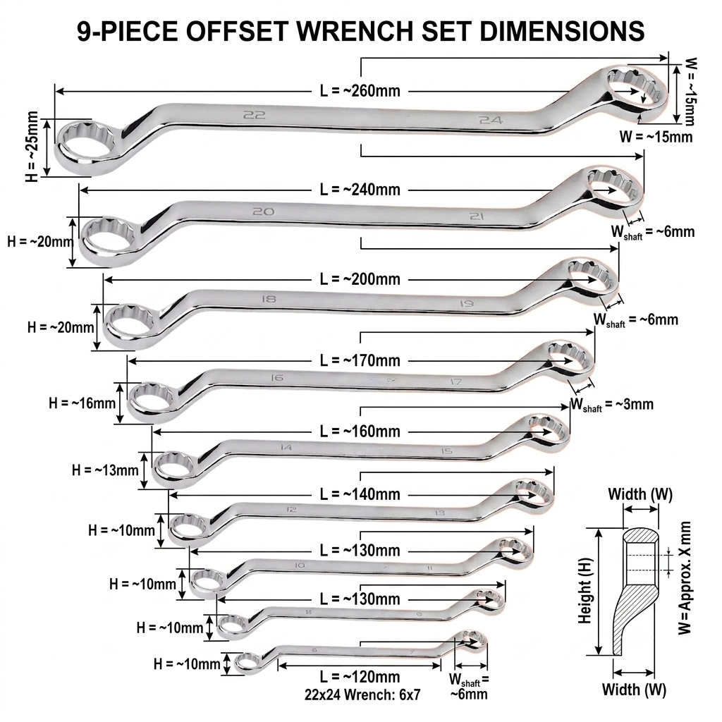 Wrench Set Heavy Duty 9 Piece 75° Offset Double Box End Metric Spanner Set 6-24 mm Repair Tool Kit