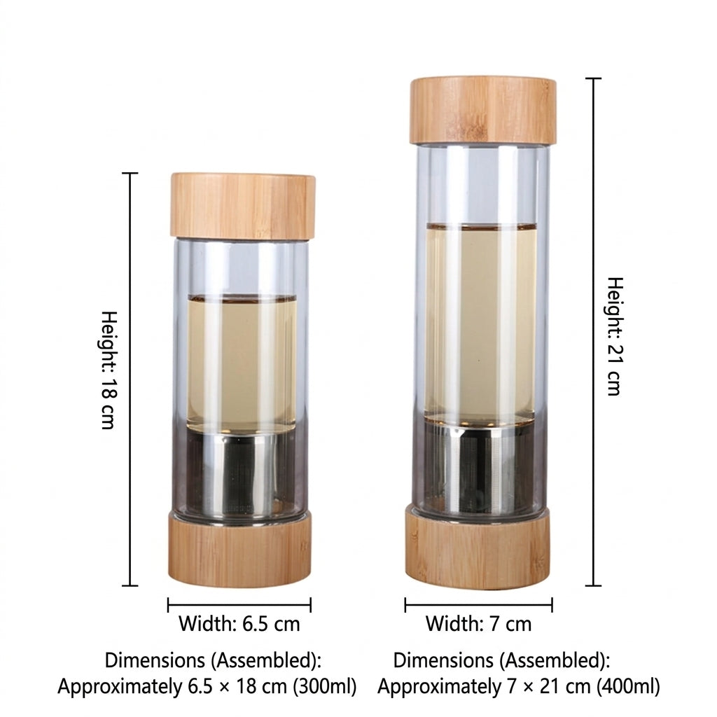 Glass Water Bottle 400mL Double Wall Tea Infuser Travel Tumbler with Bamboo Lid