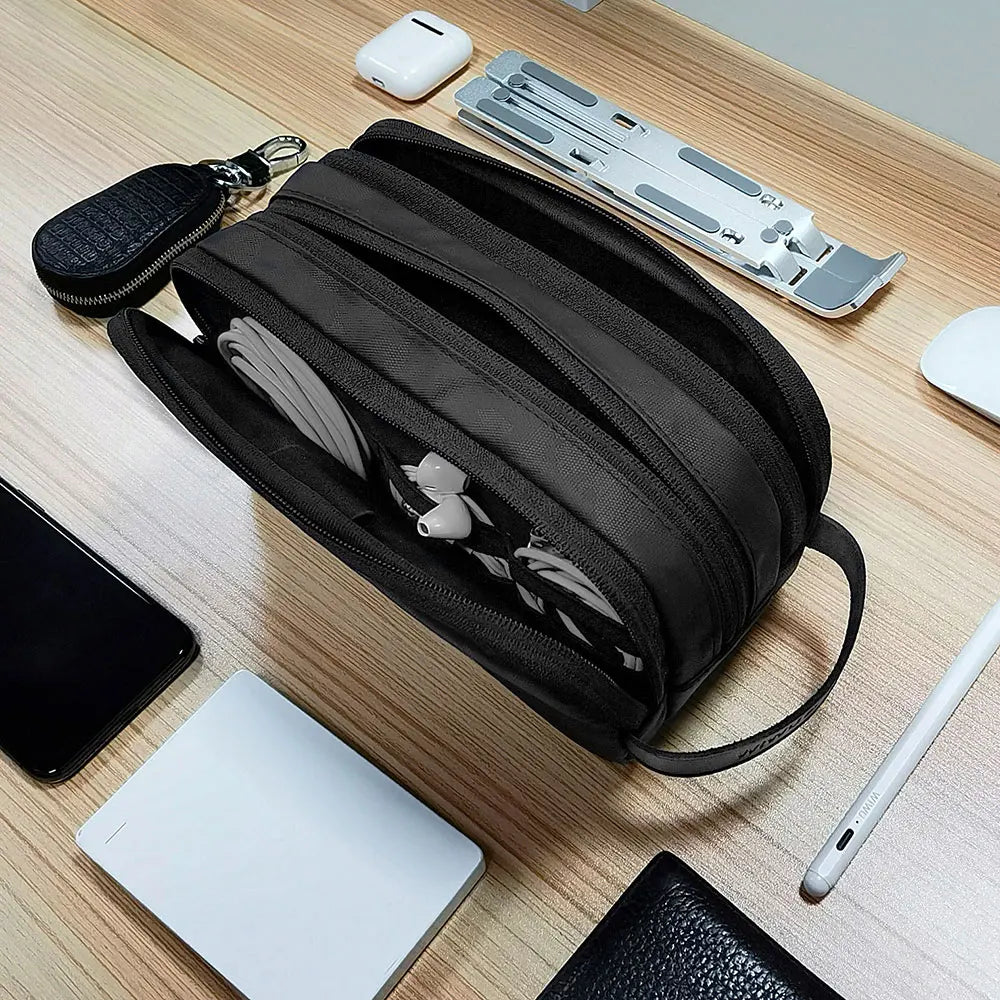 Electronics Organiser Bag Travel Cable and Charger Pouch with Handle - Black