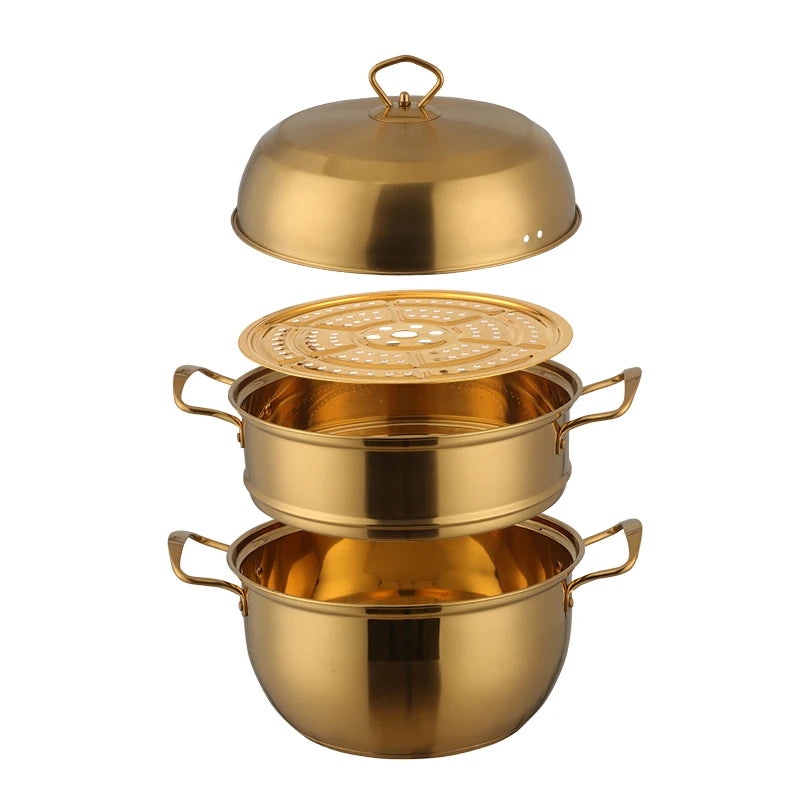 3 Layers Stainless Steel Steamer Pot – 26cm Triple Tier Cooker – Soup & Steam Cooking Pot – Gas Stove Compatible – Gold