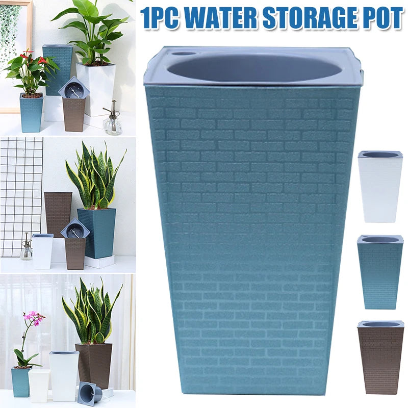 Brick Pattern Tall Flower Pot 27.2cm Plastic Planter With Self-Watering Cotton Rope – Silver