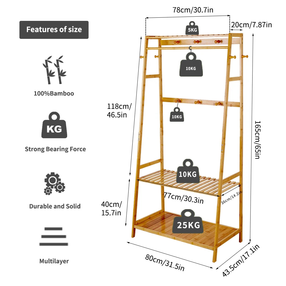 Garment Rack Bamboo Clothes Hanging Organiser 3 Shelves 10 Hooks Mobile Wardrobe – Yellow