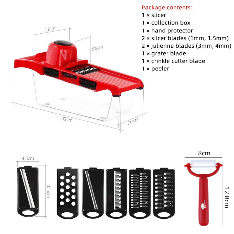 6-in-1 Vegetable Cutter and Grater Mandoline Slicer with Storage Container and Peeler – Red