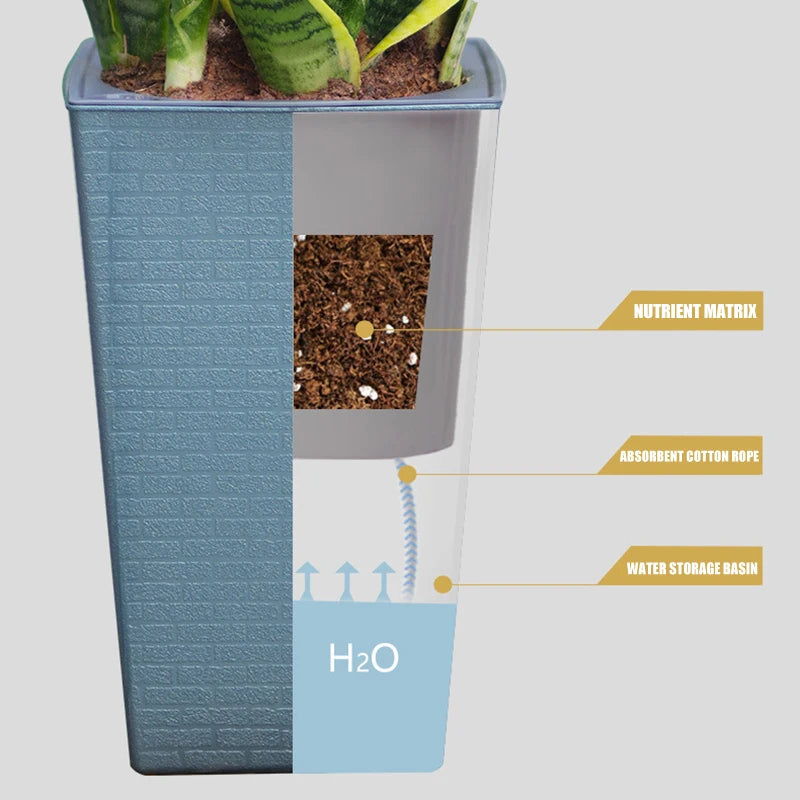 Brick Pattern Tall Flower Pot 27.2cm Plastic Planter With Self-Watering Cotton Rope – White