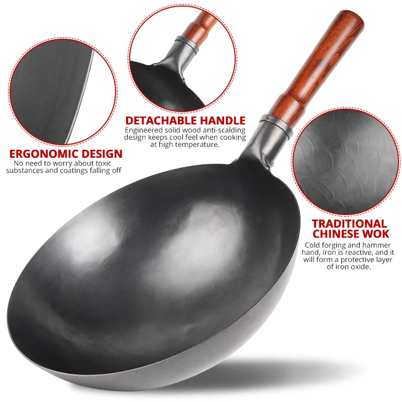 Hand Hammered Iron Wok 30cm Traditional Non-Coated Stir Fry Pan with Wooden Handle