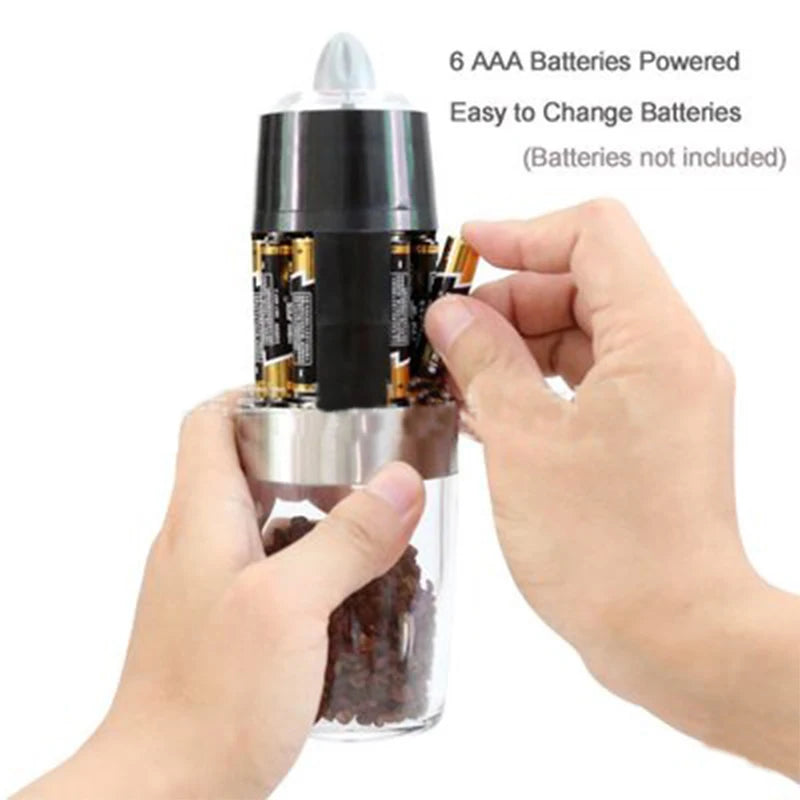 Spice Mill Electric Salt & Pepper Mill Adjustable One-Touch Seasoning Dispenser - Black