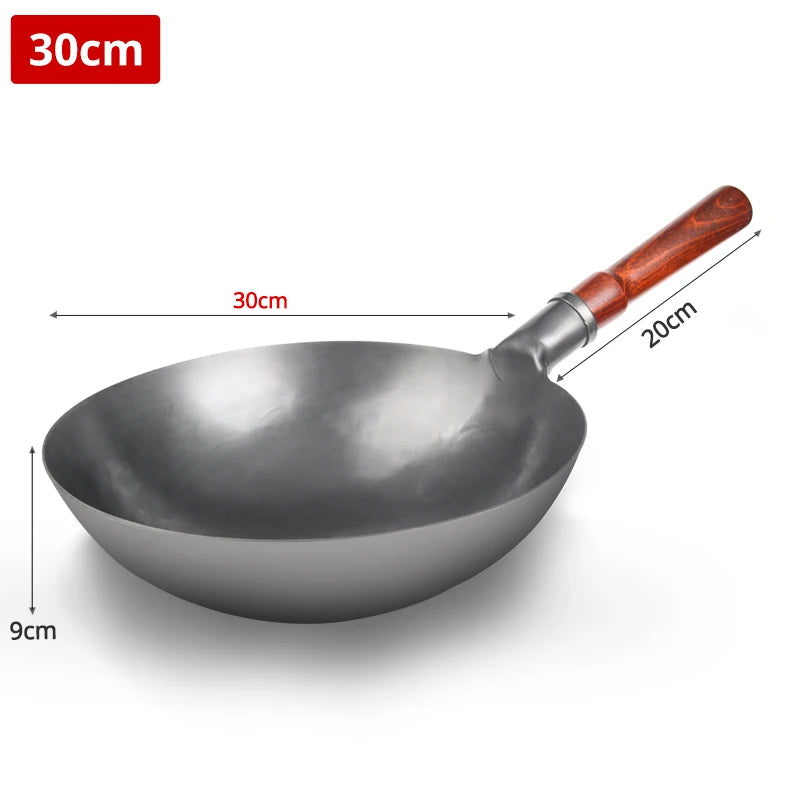Hand Hammered Iron Wok 30cm Traditional Non-Coated Stir Fry Pan with Wooden Handle