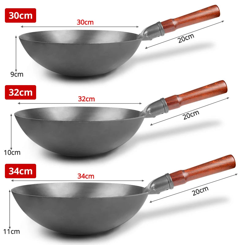 Hand Hammered Iron Wok 30cm Traditional Non-Coated Stir Fry Pan with Wooden Handle