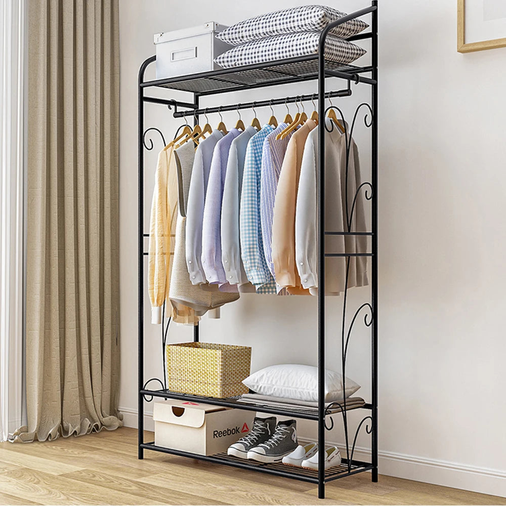 Black Metal Clothes Rack Stand with 2 Shelves for Shoes and Closet Organization