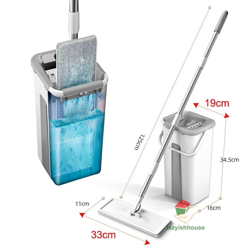 Flat Squeeze Mop with Bucket Microfiber Floor Cleaning Set Hand Free Wringing Cloth 2 Pcs