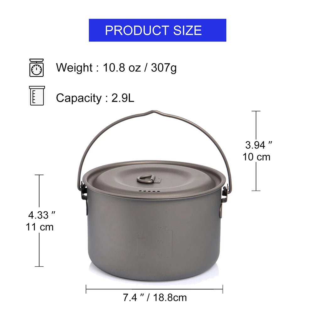 Camping Pot 2900ml Titanium Cookware Portable Outdoor Cooking Pot – Grey