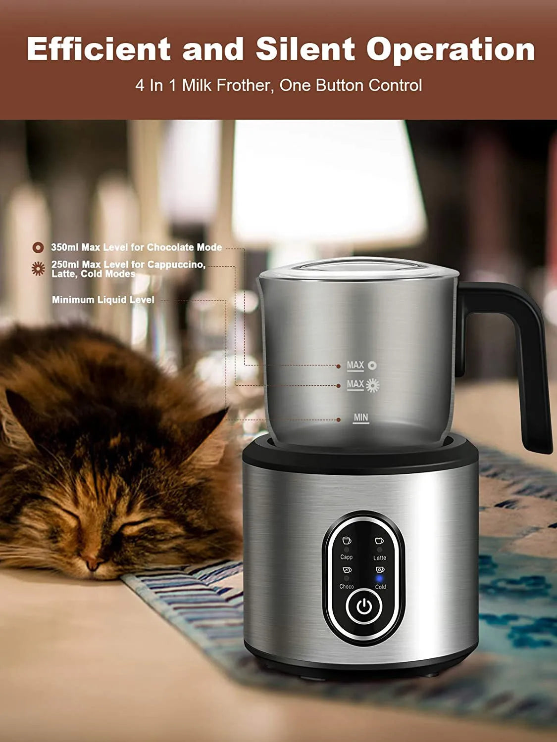 4-in-1 Electric Milk Frother with Hot and Cold Foam and Stainless Steel Pitcher