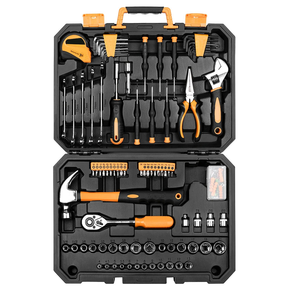 128-Piece Home DIY Hand Tool Set with Plastic Storage Case for Household and Auto Repair