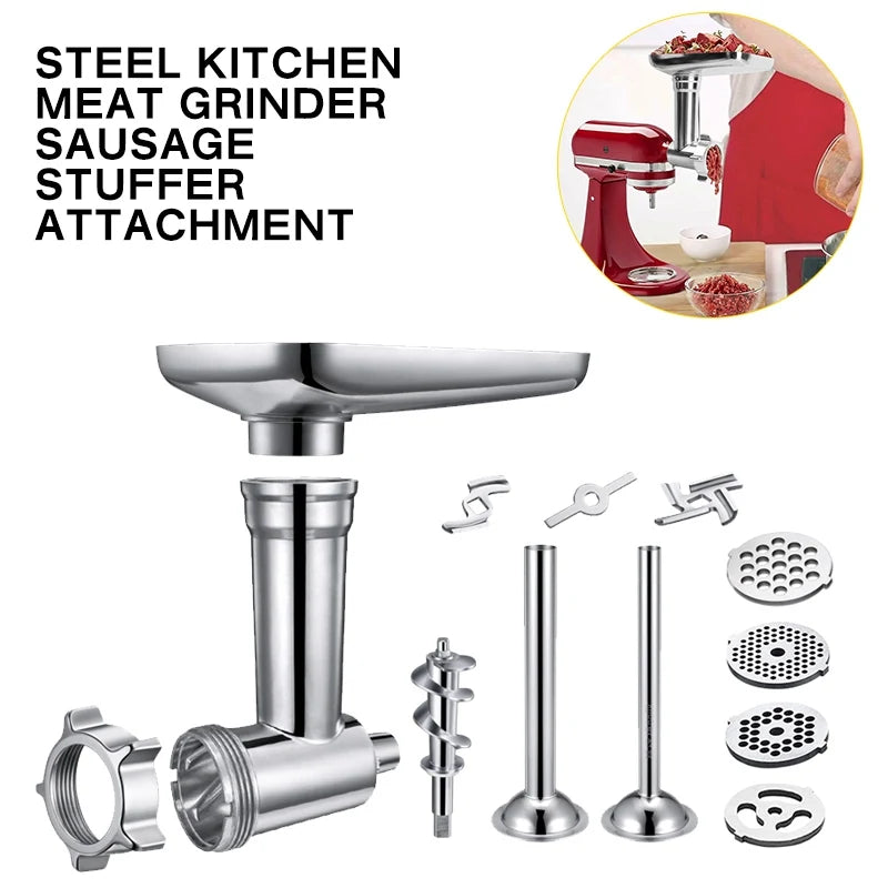 Stand Mixer Food Mill Attachment Metal Meat Mincer Sausage Filler Set – Silver