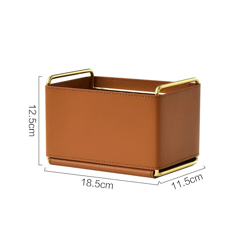 PU Leather Cosmetic Organizer 18.5cm Makeup Brush Holder Storage Basket With Metal Handles – Brown