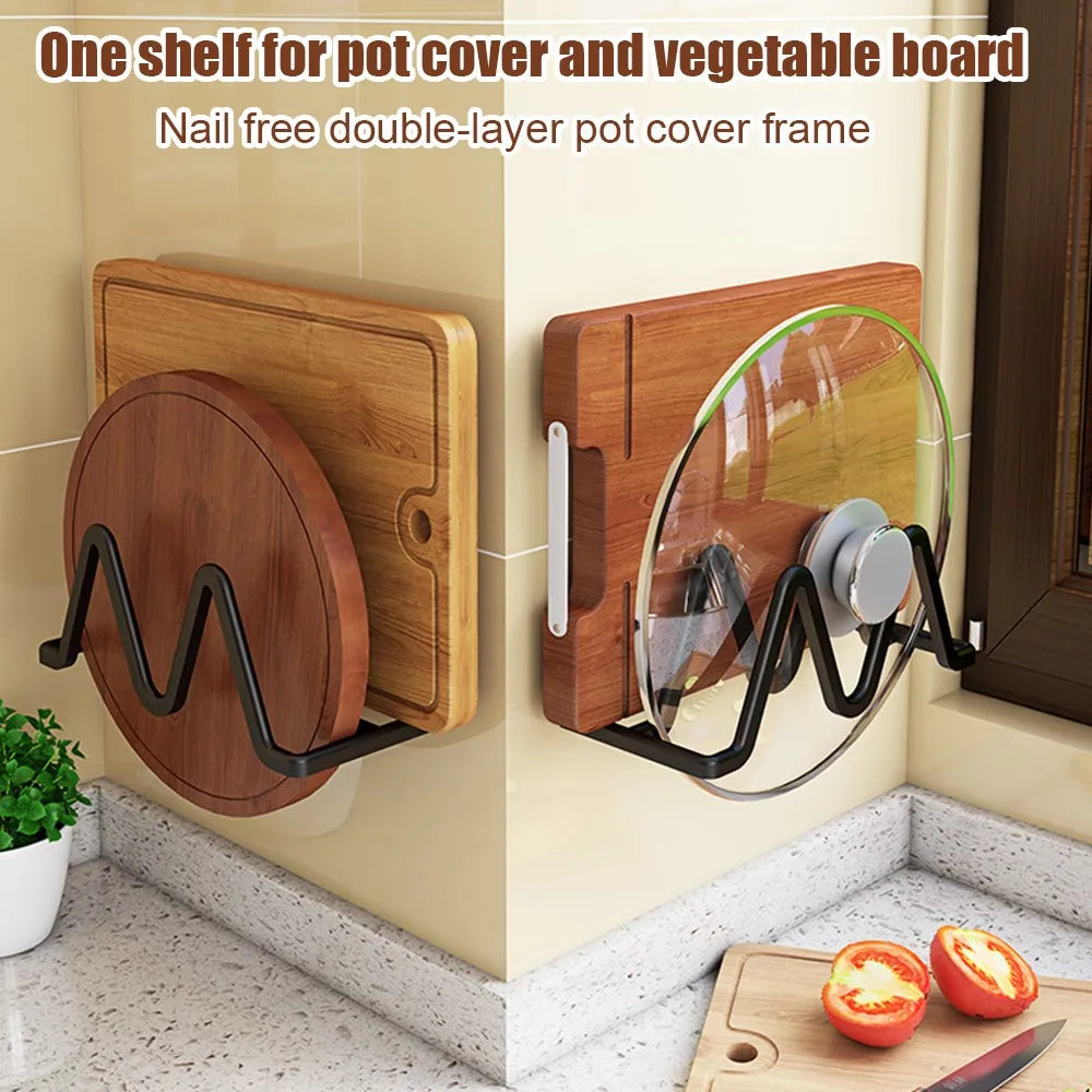 Wall Mounted Pot Lid Holder Kitchen Organizer Rack Double Slot Cutting Board Storage Rack No Drill – Black